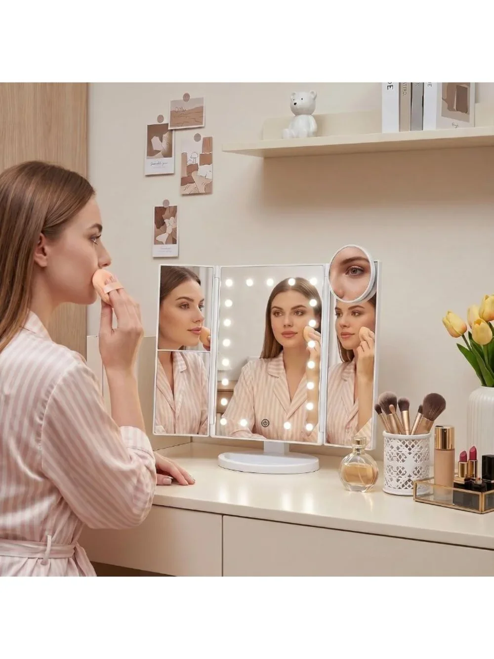 Trifold LED Makeup Mirror with 2X/3X/10X Magnification, Touch Dimming, Dual
